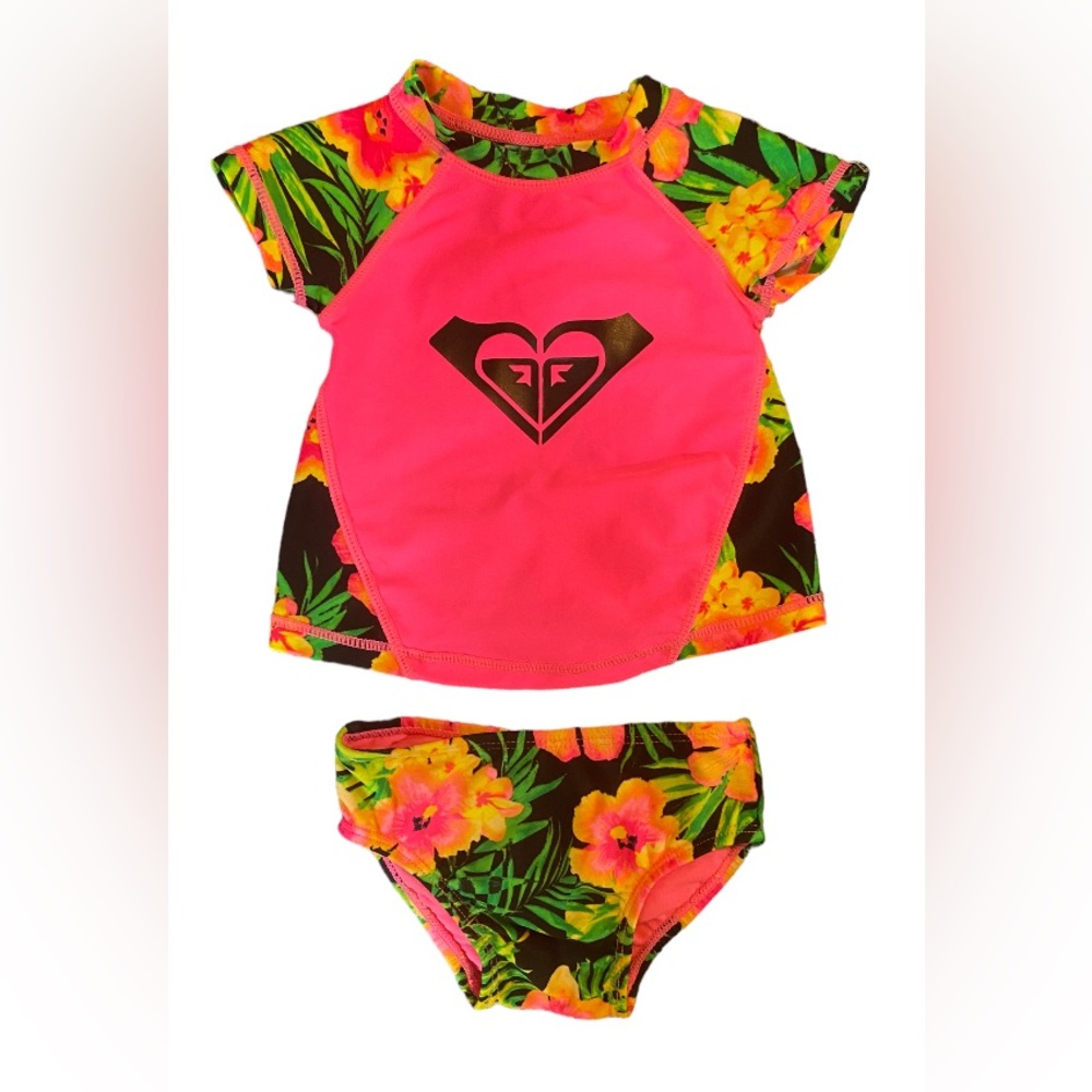 Roxy Girl 6–12M tropical rash guard w/ bikini bottom, two piece swimsuit